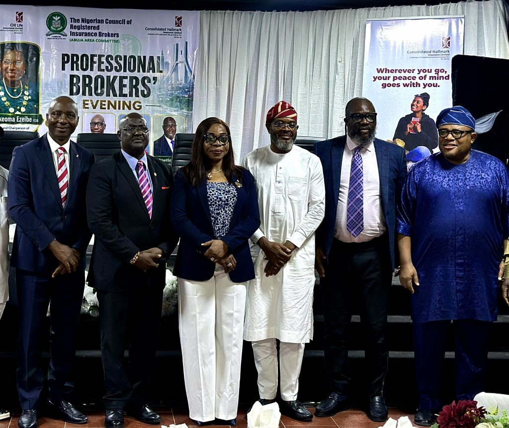 From L-R: Mr. Tope Ilesanmi, MD/CEO, CHI Life Assurance Limited; Mr. Richard Ojo, President, NCRIB, Abuja Chapter; Mrs. Mary Adeyanju, MD/CEO, Consolidated Hallmark Insurance Limited; Mr. Rotimi Adewole, Vice President, NCRIB; Mr. Jimalex Orjiako, Executive Director, Operations, Consolidated Hallmark Insurance Limited; and Chijioke Nwafor, MD/CEO, Crystal & Diamond Insurance Brokers Limited at the NCRIB Professional Brokers' Evening recently sponsored by Consolidated Hallmark Insurance Limited and CHI Life Assurance Limited.